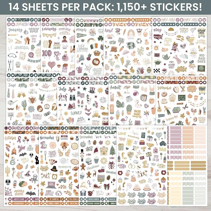 bloom daily planners Monthly Celebrations Planner Stickers for Calendar Decorating, Planning, Scrapbooking - Holiday, Seasonal, & General Events (14 Sheets, 1,150+ Stickers per Pack) - Cool Tones