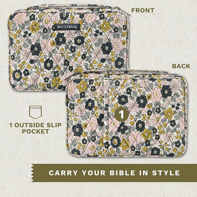 Bella Taylor Small Bible Cover for Women - Quilted Cotton Bible Case for 6 x 9 inch Books - Delicate Floral Charcoal