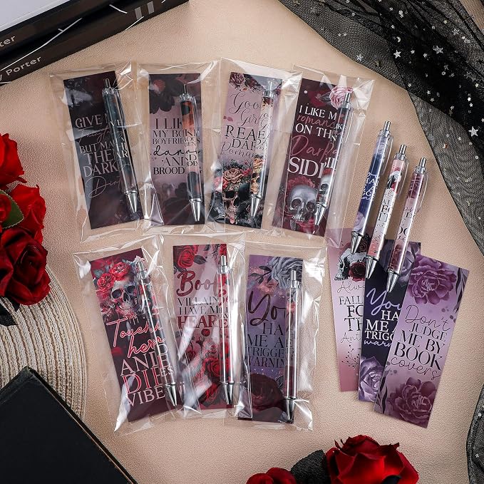 Affrolling 60 Pcs Dark Romance Bookmarks and Pens Merch Double Sided Romance Smutty Spicy Book Lover Gifts Romantasy Skeleton Page Marker Clip Gifts for Women Teachers Reading