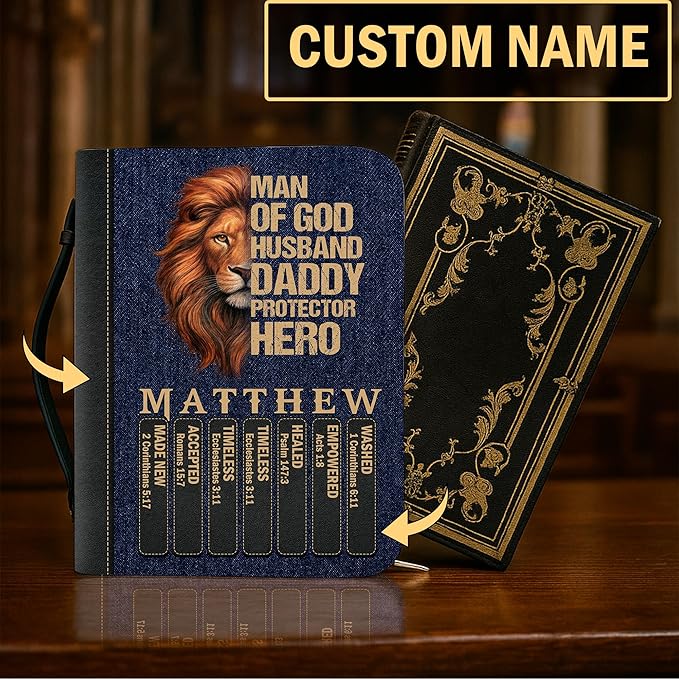 Personalized Man of God Bible Cover, God Says I Am Bible Case PU Leather, Bible Holder Handle Zipper, Faith Scripture with Name Case Bag, Religious Gifts for Church Christians Women Men (GOD-01)