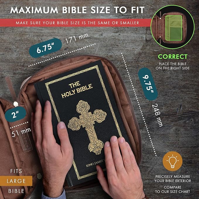 ELIZO Leather Bible Cover for Men Bible Case Women Holder Carrying Organizer Wrap Sleeve Protector Christian Religious Gift Cross Bookmark – Large Bourbon
