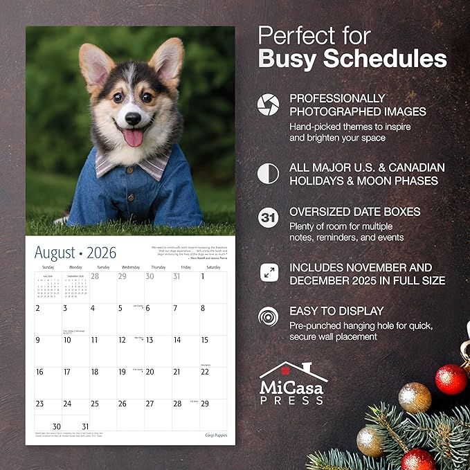 MICASA PRESS Corgi Puppies 2026 Wall Calendar 12 Month | 12" x 24" Open | Thick & Sturdy Paper | Giftable | Cute Puppy Dog Calendar 2026