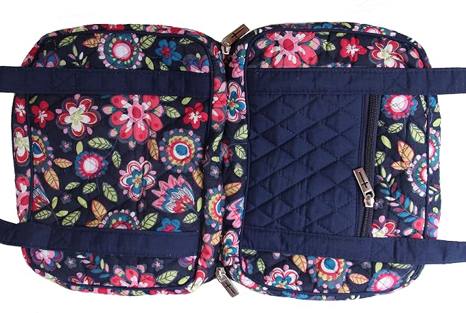 DIWI Quilted Bible Cover Large Sizes 10 X 7 X 2.75 Inches Bible Tote Good Book Case (L, C2 Navy Flowers)