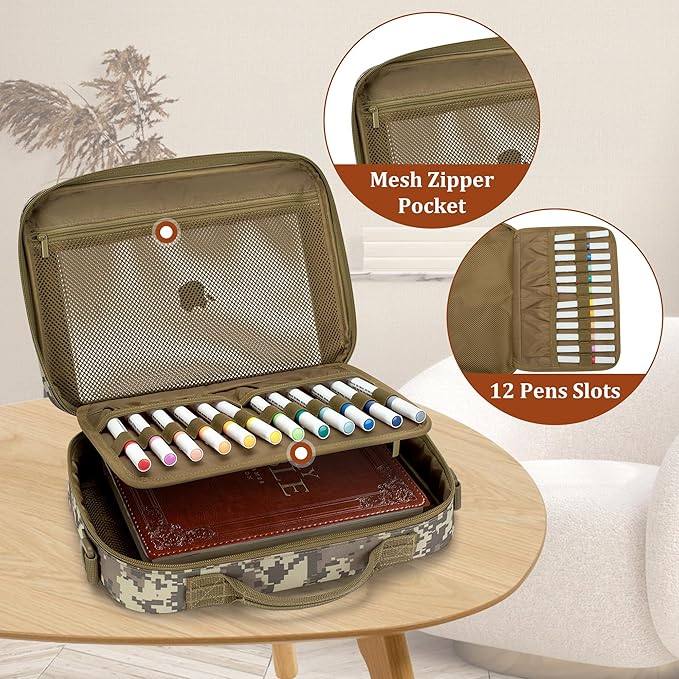 Damero Bible Cover for Men, Bible Carrying Case Church Bag with Multiple Pockets, Bible Case with Top Handle and Shoulder Strap, Camo