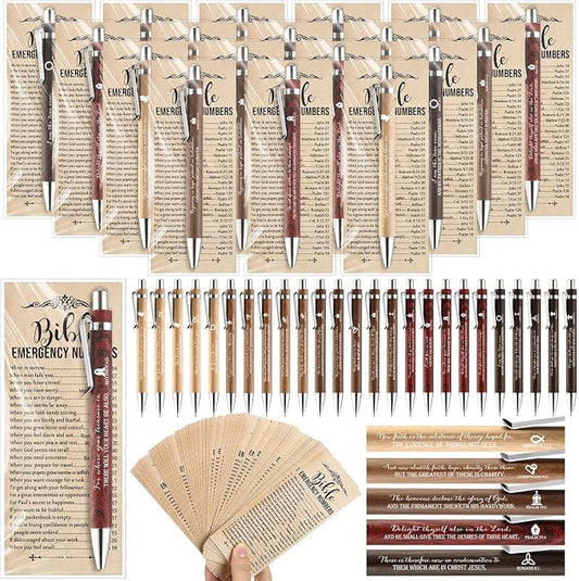 Feifeiya 25 Sets Christian Fathers Day Pens Bulk Bible Verse Religious Ballpoint Bamboo Pens with Bible Verse Emergency Numbers Bookmarks Church Gifts for Women Men Pastor Godfather Teacher (English)
