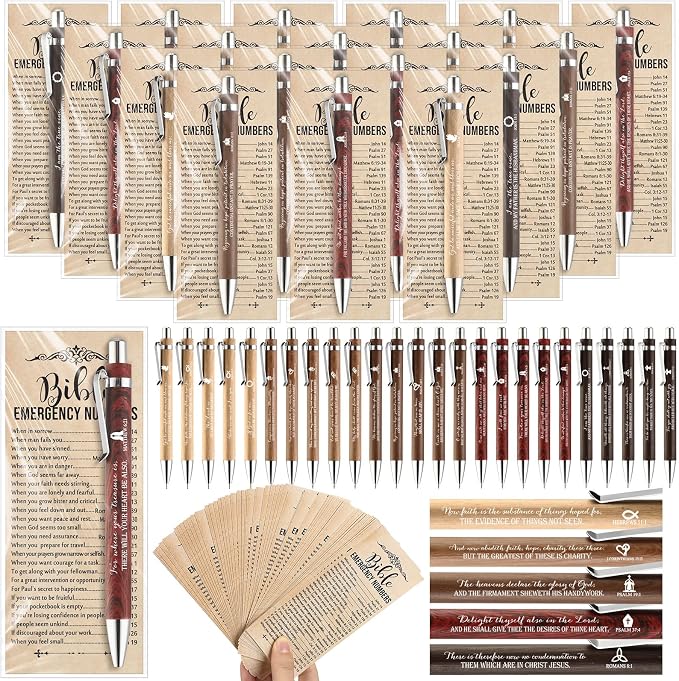 Feifeiya 50 Sets Christian Fathers Day Pens Bulk Bible Verse Religious Ballpoint Bamboo Pens with Bible Verse Emergency Numbers Bookmarks Church Gifts for Women Men Pastor Godfather Teacher (English)
