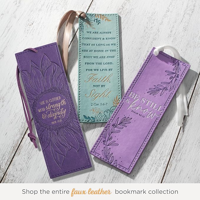 Christian Art Gifts Vegan Leather Scripture Bookmark for Women: Strength and Dignity - Proverbs 31:25 Inspirational Bible Verse Heat-Debossed, Faith-Based Reading Accessory w/Tassel, Purple Sunflower
