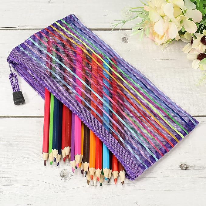 MECCANIXITY Mesh Zipper Pouches, B6 Colorful Pencil Case Document File Bags Storage Organizer for Office Supply Travel Accessory, Purple Pack of 6