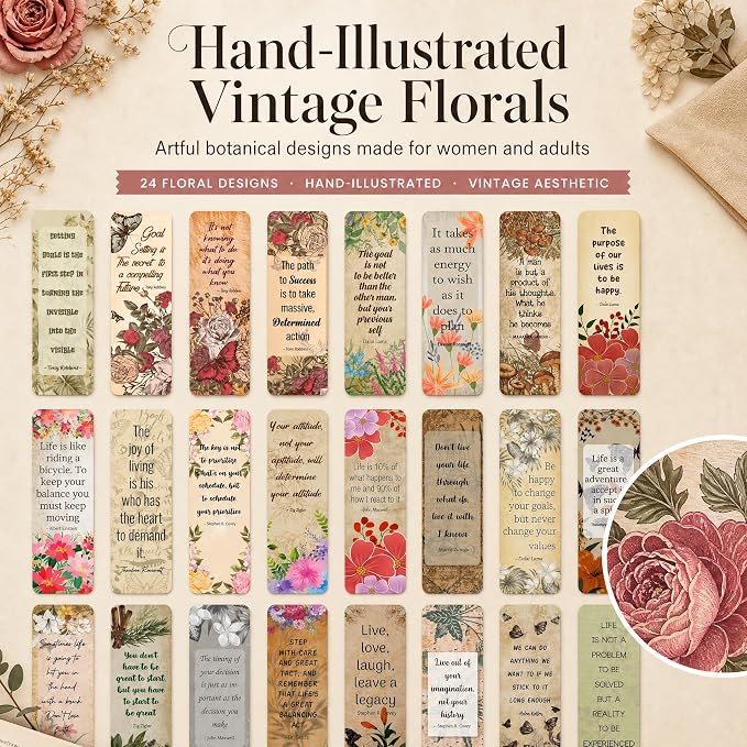 Bulk Bookmarks for Women - 96 Vintage Floral, 24 Unique Designs, 4 Copies Each - Inspirational Quotes by Famous Thinkers - 350 GSM Premium Cardstock for Book Clubs, Classrooms, Gift Inserts