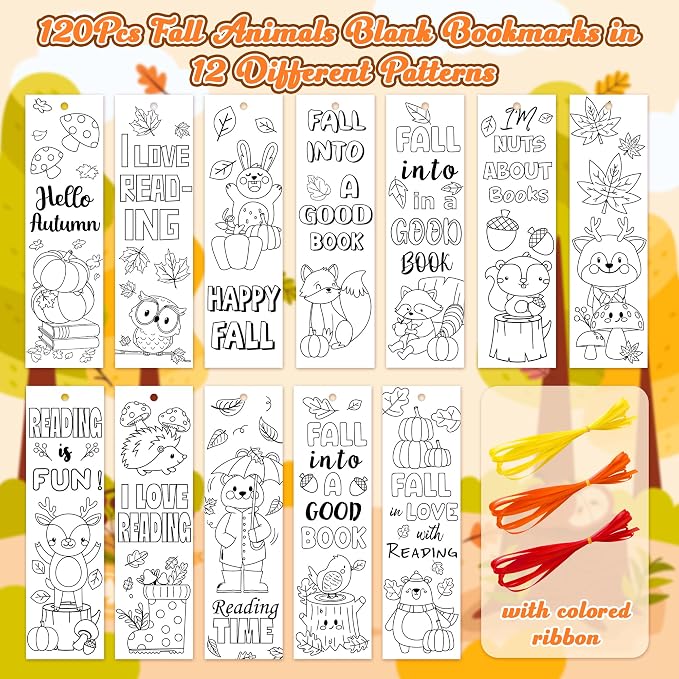 Fall Animal Color Your Own Bookmarks for Kids -120Pcs Fall DIY Coloring Blank Bookmark with Squirrel Hedgehog Classroom Art Craft Supplies for Students Halloween Thanksgiving Reward Goodie Fillers