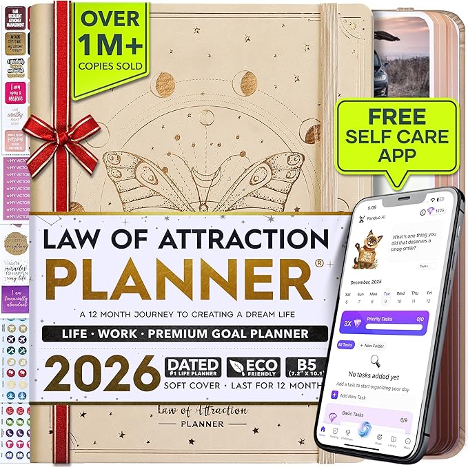 Deluxe 2026 Planner Weekly and Monthly | Law of Attraction Planner with Productivity App | 12-Month for Productivity, Gratitude & Goal Setting | Includes Foldable Vision Board, Gift Box & Stickers