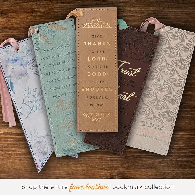 Christian Art Gifts Tan Faux Leather Floral Bookmark for Women: Give Thanks - Psalm 106:1 Inspirational Bible Verse, Heat-Debossed & Golden Accents with Light Sandy Tan Satin Ribbon Reading Accessory