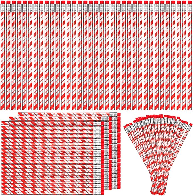 Queekay Christmas Gift Candy Cane Prism Pencils Bulk for Classroom Toppers Xmas with Erasers Cute Writing Pencils for Teacher Rewards Stocking Stuffers Supplies(200 Pieces)