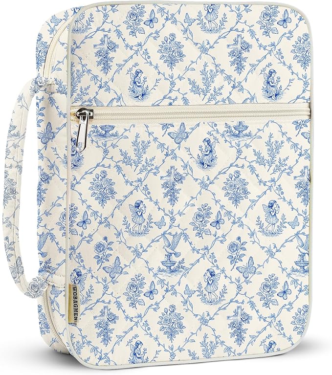 WOBAGMEN Bible Cover Case for Women,Large Bible Tote Bags Organizer Quilted Carrying Case for Girls,Bible Study Supplies Accessories Christian Gifts for Women (Vintage Blue, M)