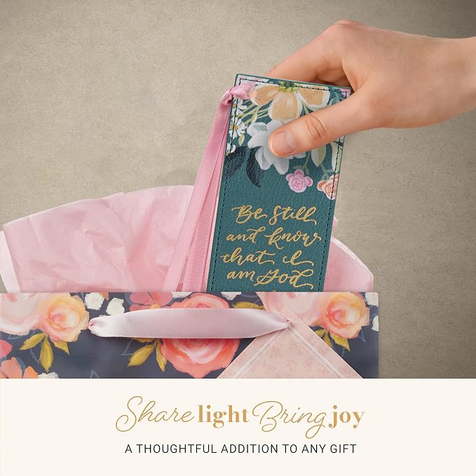 Christian Art Gifts Premium Vegan Leather Inspirational Scripture Bookmark for Women: Be Still & Know Encouraging Bible Verse, Satin Ribbon, Reading Accessory for Books, Bibles, Teal Multicolor Floral