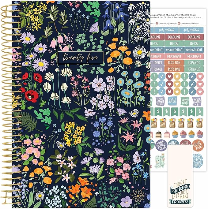bloom daily planners 2025 Calendar Year Day Planner (January 2025 - December 2025) - 5.5” x 8.25” - Weekly/Monthly Agenda Organizer Book with Stickers & Bookmark - Garden Party, Navy