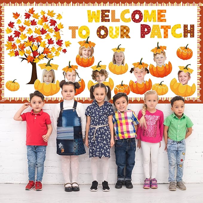 Pezutoi Fall Bulletin Board Decorations Set Autumn Welcome to our Patch Cutouts Fall Harvest Maple Leaves Bulletin Board Decor for Classroom Chalkboard