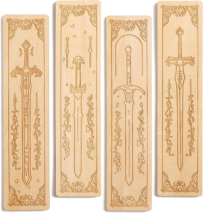 Lord of Rings Bookmarks 4 Pack Engraved Wooden Sword Themed Markers for Tolkien Fans Vintage Reading Accessories