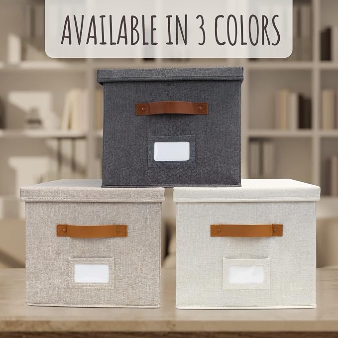 Decorative File Organizer Box Set of 2 - Collapsible Linen Filing Cabinets with Handles Are Perfect to Store All Your Documents & Hanging File Folders - Portable Easy Slide Office Crates with Lid