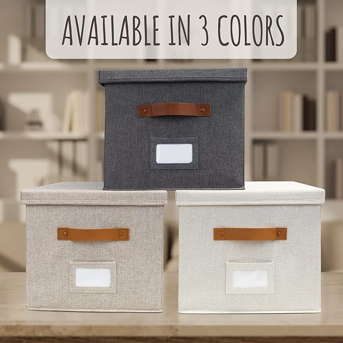 Decorative File Organizer Box Set of 2 - Collapsible Linen Filing Cabinets with Handles Are Perfect to Store All Your Documents & Hanging File Folders - Portable Easy Slide Office Crates with Lid