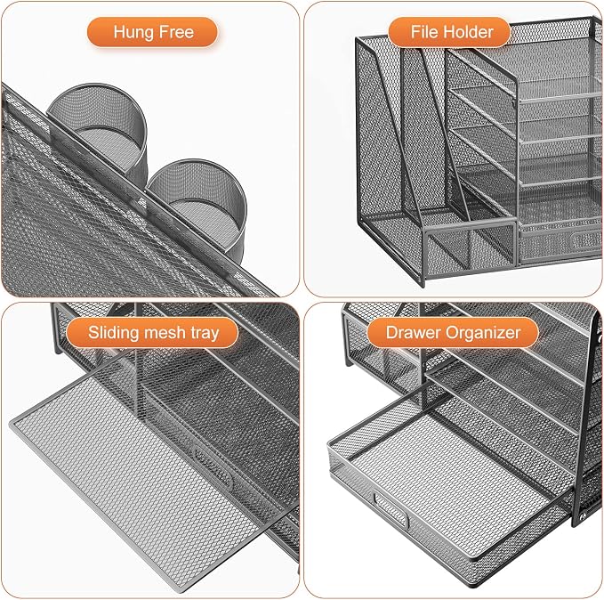 Marbrasse 5-Tier Paper Letter Tray Organizer with Drawer and Pen Holder, Mesh Desktop Organizer and Storage with Magazine Holder for Office Supplies (Grey)