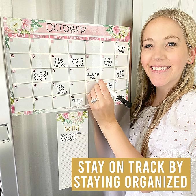 Hadley Designs - Floral Dry Erase Board Calendar for Fridge, Wall - Magnetic Notepad