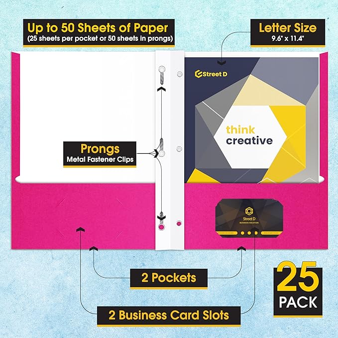 2 Pocket Portfolio Folders with Prongs (Metal Fastener Clips), 25 Pack, Cool Trendy Colors, Fits Letter Size Paper, for School, Office, Home, Matte Finish (Hot Pink)