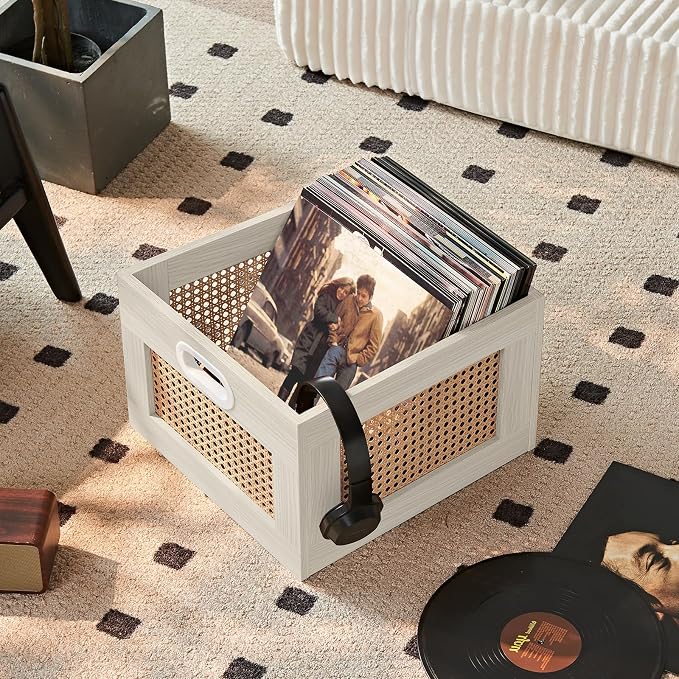 LELELINKY Vinyl Record Storage Crate, Rattan Vinyl Record Holder with Handle, Wood Record Crate for Vinyls Holder up to 75 LP's, Desktop Cube Album Storage for Vinyls Records(Grey White)