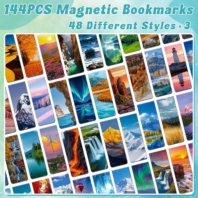 144Pack Magnetic Bookmarks Bulk Book Marks for Reading Women Men Adults Book Lovers Gifts, Cute Bookmarks Magnet Bookmark Clips Magnetic Page Markers Pretty Funny BookMarker (Scenery)