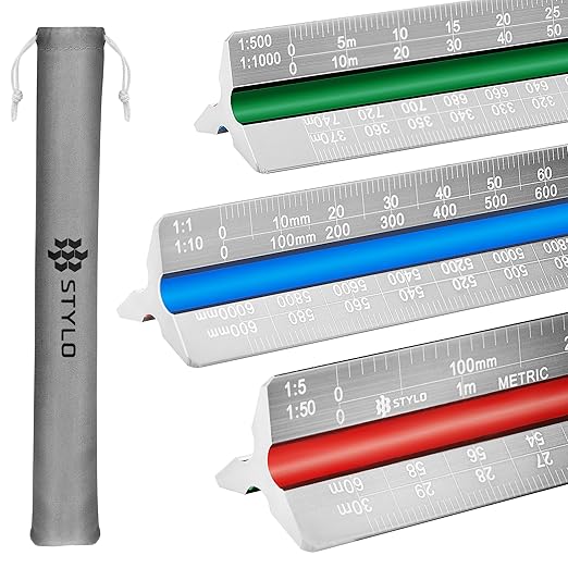 Stylo 12" Aluminum Architect Scale Ruler Laser Etched Triangle Drafting Ruler, Color Coded Grooves for Blueprint, Drafting and Drawing, Architectural Scale Ruler for Blueprints (Grey, Metric)