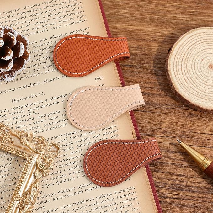 3PCS Vintage Magnetic Leather Bookmark, Leather Magnetic Bookmarks for Women, Magnetic PU Bookmarks Clip Book Accessories, Weaving Pattern