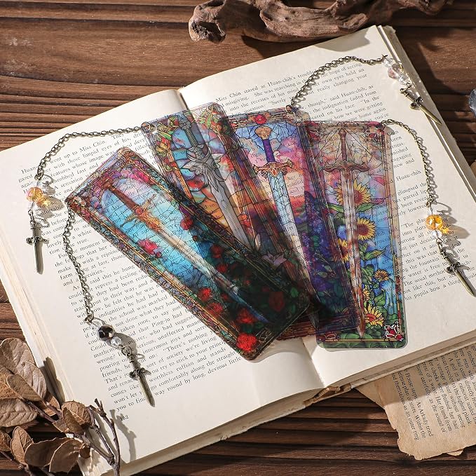 Fantasy Sword Bookmark Gifts - 4 Pcs Unique Stained Glass Bookmarks for Women Men Book Lovers Tassels Beaded Page Marks with Flower Reading Accessories Bookish Gift for Birthday Back to School