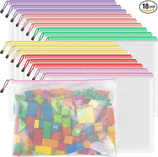 Umriox Zipper Mesh Document Pouch, 16.9x12.4 in (6 Colors, 18 Packs), Clear Zipper Pouches, Waterproof Zipper Pouches for Craft Projects Office Supplies Cosmetics Travel Storage