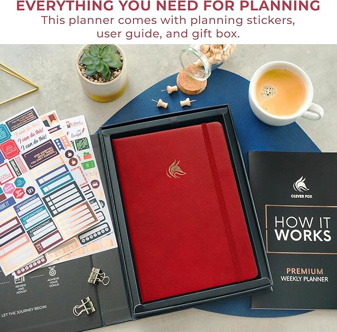 Clever Fox Dated Planner Premium 2026 – Weekly Agenda for Planning & Time Management –Notebook with Habit Tracker & To-do List (Red)