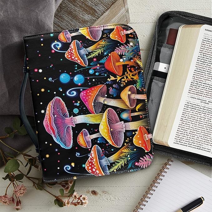 Colorful Mushrooms Bible Cover with Durable Handle，Bible Case for Women Girls，Bibl e Carrying Case Bibles Journaling Supplies for Bible Cover-Size 2XL