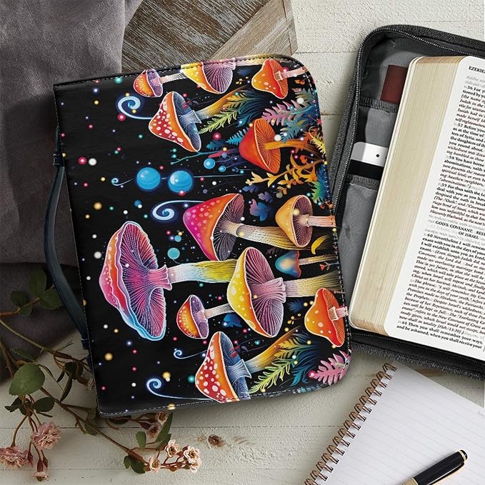 Colorful Mushrooms Bible Cover with Durable Handle，Bible Case for Women Girls，Bibl e Carrying Case Bible Journaling Supplies for Bible Cover-Size L