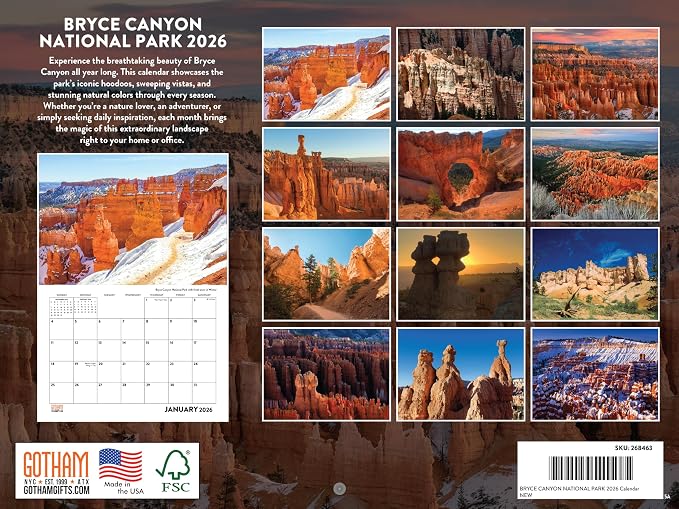 Bryce Canyon National Park Calendar 2026 Monthly Wall | American Made In The USA