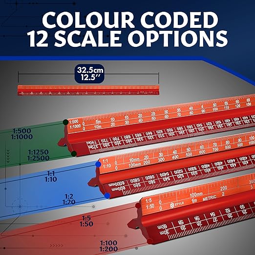 Stylo 12" Aluminum Architect Scale Ruler Laser Etched Triangle Drafting Ruler, Color Coded Grooves for Blueprint, Drafting and Drawing, Architectural Scale Ruler for Blueprints (Red, Metric Units)