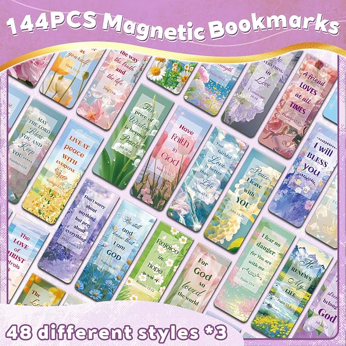 144Pack Magnetic Bookmarks Bible Bookmark Christian Bookmarks Bulk Book Marks for Reading Women Men Adults Kids Book Lovers Gifts, Cute Personalized Religious Magnet Bookmark Clips (Flower)