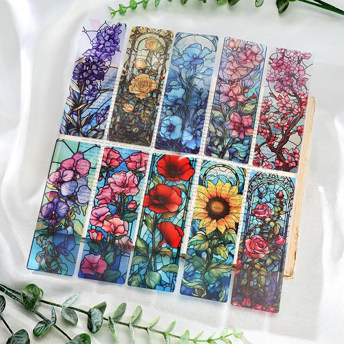 Pretty Flower Bookmark Gifts - 20 Pcs Floral Stained Glass Art Bookmarks for Women Book Lovers Aesthetic Transparent PVC Page Marks School Reading Accessories Bookish Birthday Graduation Gift