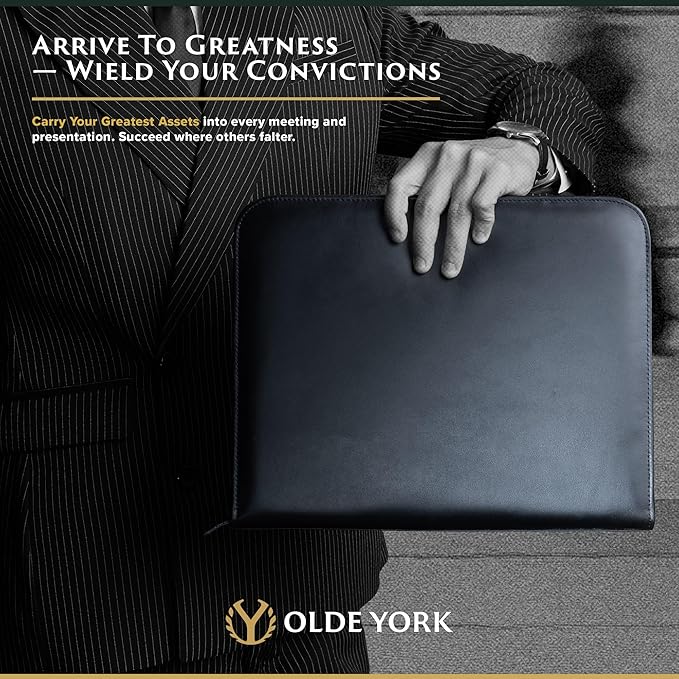 OLDE YORK Leather Padfolio — Leather Binder Portfolio for Men, Padfolio for Men & Women — 100% Authentic Top-Grain Leather (Black)