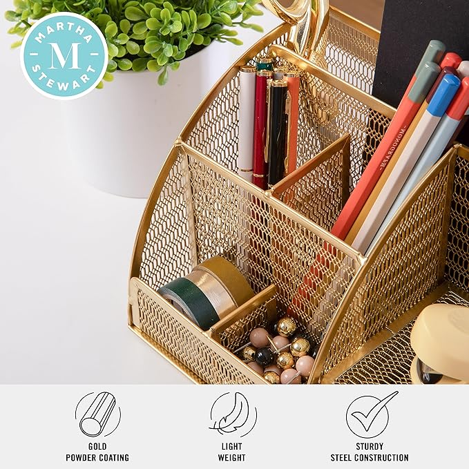 Martha Stewart Ryder Gold Mesh Metal Small Desktop Organizer for Office Accessories, Notebooks, Pen Holder and Drawer