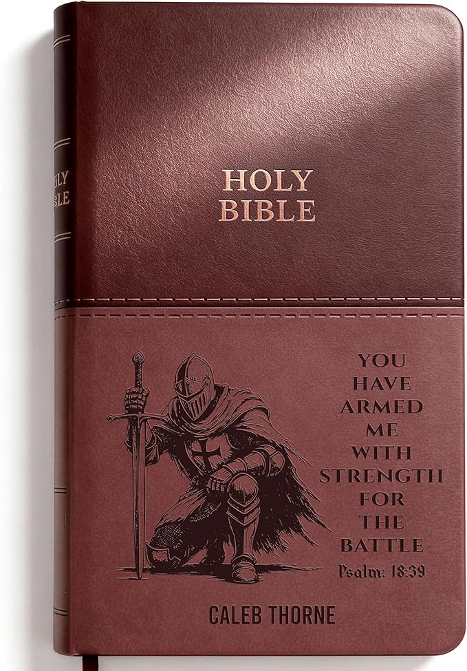 Personalized KJV Bible for Men Engraved Knight Design, King James Version Red Letter, Standard Print, Custom Name Scripture Verse, Christian Graduation Baptism Confirmation Gift, Brown Value Thinline