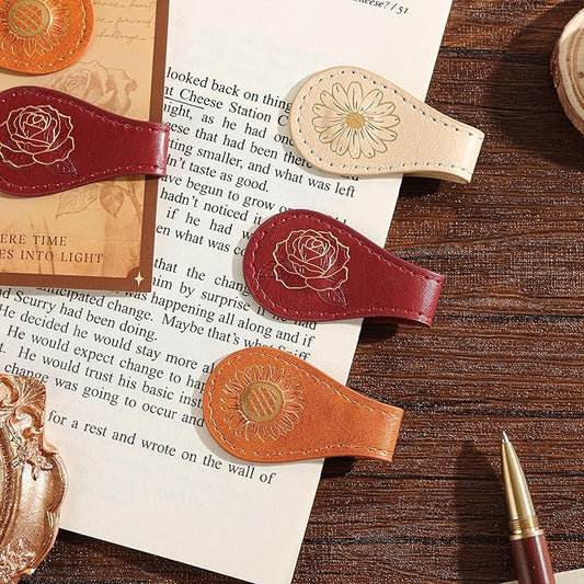 3PCS Vintage Magnetic Leather Bookmark, Leather Magnetic Bookmarks for Women, Magnetic PU Bookmarks Clip Book Accessories, Gilded Flower