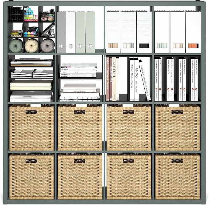 Furinno Cubicle Book Shelf, 16-Cube Bookshelf, Extra Thick Frame Reversible Bookcase with Open Back, 14.6" x 58" x 58", for Living Room, Bedroom, Home Office, Sage Green