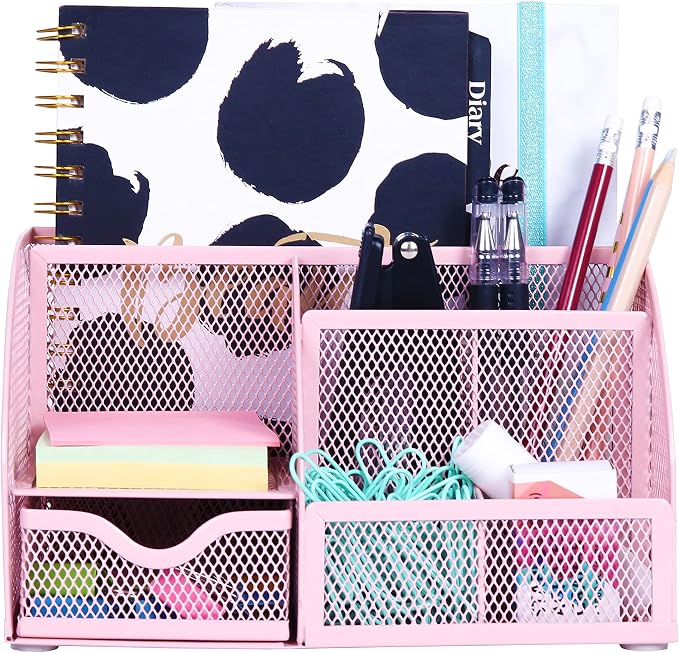 Exerz Desk Organizer Light Pink Office Desk Accessories Supplies Office Storage Desktop Pencil Pen Holder with Drawer Home Workspace