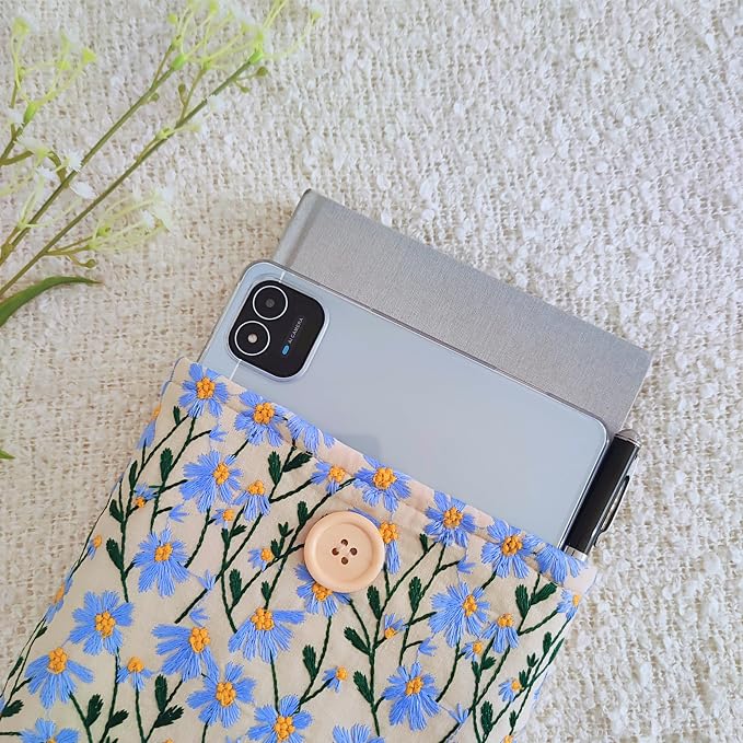 Daisy Embroidered Canvas Book Sleeve - Elegant Book Cover, Cotton Padded Protector for Paperbacks & Hardcovers, Ideal for Book Lovers, 10.6x8.7 inches, Wooden Button (Blue & Beige)