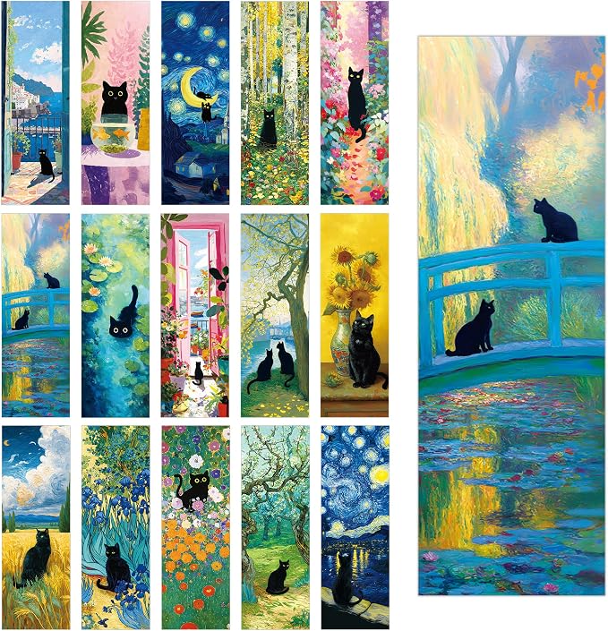 60 Pcs Black Cat Bookmarks Bulk, Cute Oil Painting Art Book Marks for Reading Women, Aesthetic Cat Page Markers for Book Lovers, Cat Lover Gifts for Christmas Birthday School Office Supplies