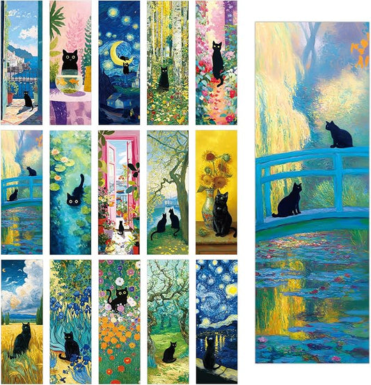 60 Pcs Black Cat Bookmarks Bulk, Cute Oil Painting Art Book Marks for Reading Women, Aesthetic Cat Page Markers for Book Lovers, Cat Lover Gifts for Christmas Birthday School Office Supplies