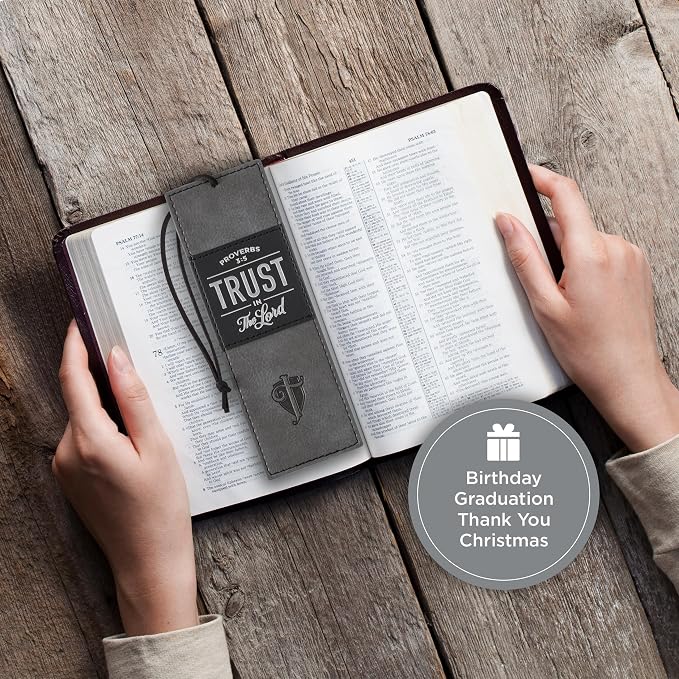 Christian Art Gifts Black Charcoal Gray Faux Leather Bookmark for Men: Trust in the Lord - Proverbs 3:5 Inspiring Bible Verse, Heat-debossed w/Silver Foil Accents Cross, Shield and Sturdy Leather Cord
